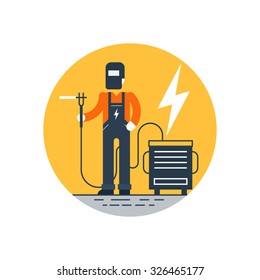 Electro welding works, welder isolated, construction worker vector illustration