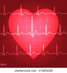 Electrocadiogram (ECG) on red graph background with red heart