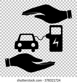 Electrocar battery charging sign. Save or protect symbol by hands.