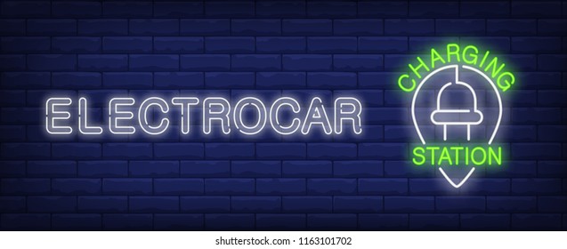 Electrocar charging station neon sign. Mark pointer on brick wall background. Vector illustration in neon style for map location and electric car recharge service