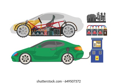 Electrocar or electric car automobile vehicle mechanism details vector flat design