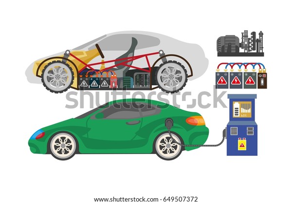 Electrocar or electric car automobile vehicle\
mechanism details vector flat\
design