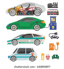 Electrocar or electric car passenger automobile mechanism part vector flat icons