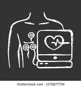 Electrocardiogram chalk icon. Heart disease examination. Pulse on screen. Cardiology, cardiograph. Medical nonsurgical procedure. Professional clinical aid. Isolated vector chalkboard illustration