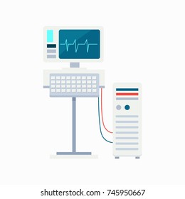 Electrocardiogram equipment with monitor and keyboard connected to computer. Vector illustration with ecg with heartbeat on screen isolated on white background
