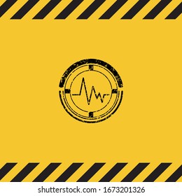 electrocardiogram icon black grunge emblem inside yellow warning sign. Vector Illustration. Detailed.