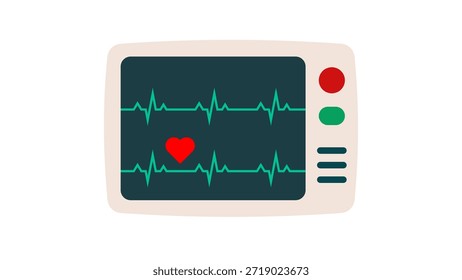 Ícone do eletrocardiograma. Ilustração de design plano de uma tela de exibição de monitor de frequência cardíaca, mostrando uma linha de batimento cardíaco e um símbolo de coração vermelho. Representa a tecnologia médica e o tratamento de saúde.