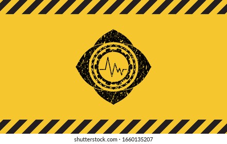 electrocardiogram icon grunge black emblem with yellow background, warning sign. Vector Illustration. Detailed.