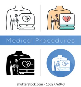 Electrocardiogram icon. Heart disease examination. Pulse rate on screen. Cardiology, cardiograph. Medical procedure. Flat design, linear and color styles. Isolated vector illustrations