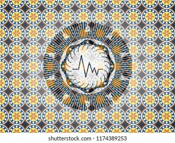 electrocardiogram icon inside arabic badge. Arabesque decoration.