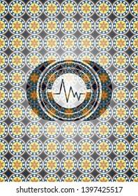 electrocardiogram icon inside arabic badge background. Arabesque decoration.