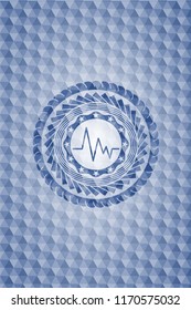 electrocardiogram icon inside blue emblem with geometric pattern.