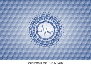 electrocardiogram icon inside blue emblem with geometric pattern.