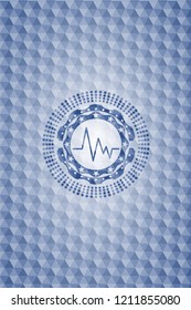 electrocardiogram icon inside blue emblem with geometric background.