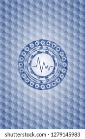 electrocardiogram icon inside blue emblem or badge with abstract geometric pattern background.