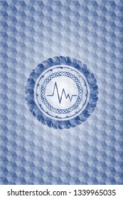 electrocardiogram icon inside blue emblem with geometric pattern background.