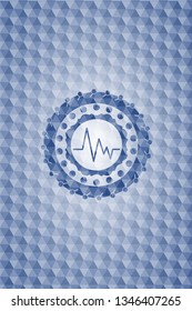 electrocardiogram icon inside blue emblem with geometric pattern.