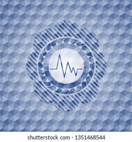 electrocardiogram icon inside blue emblem or badge with abstract geometric polygonal pattern background.