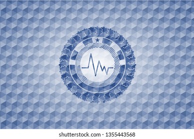 electrocardiogram icon inside blue emblem or badge with geometric pattern background.