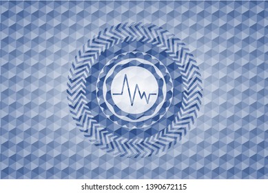 electrocardiogram icon inside blue emblem or badge with abstract geometric polygonal pattern background.