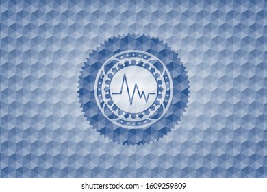 electrocardiogram icon inside blue emblem or badge with abstract geometric polygonal pattern background.