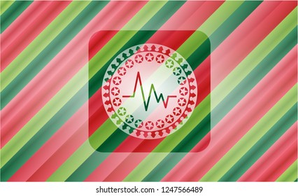 electrocardiogram icon inside christmas colors style emblem.