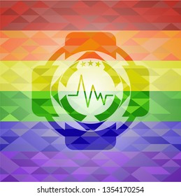 electrocardiogram icon inside emblem on mosaic background with the colors of the LGBT flag
