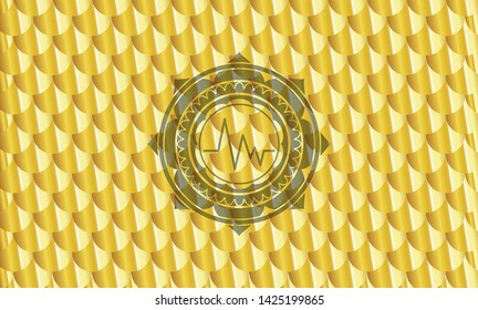 electrocardiogram icon inside gold badge or emblem. Scales pattern. Vector Illustration. Detailed.