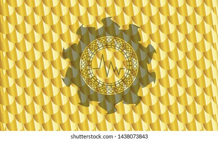electrocardiogram icon inside gold badge. Scales pattern. Vector Illustration. Detailed.