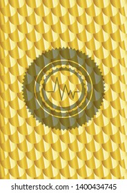 electrocardiogram icon inside gold emblem. Scales pattern. Vector Illustration. Detailed.