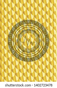 electrocardiogram icon inside gold shiny emblem. Scales pattern. Vector Illustration. Detailed.