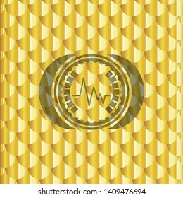 electrocardiogram icon inside gold shiny emblem. Scales pattern. Vector Illustration. Detailed.