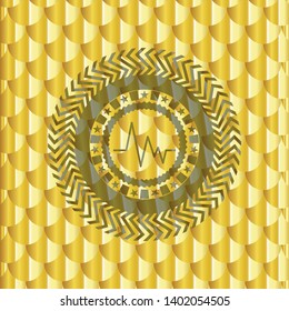 electrocardiogram icon inside golden emblem. Scales pattern. Vector Illustration. Detailed.