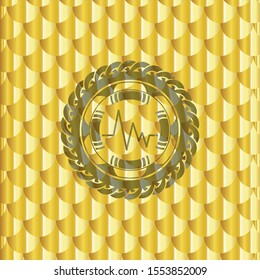 electrocardiogram icon inside golden emblem. Scales pattern. Vector Illustration. Detailed.