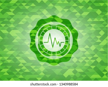 electrocardiogram icon inside green emblem with triangle mosaic background