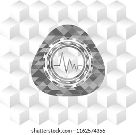 electrocardiogram icon inside grey badge with geometric cube white background