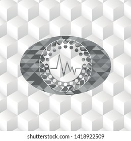 electrocardiogram icon inside grey badge with geometric cube white background