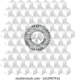 electrocardiogram icon inside grey badge with geometric cube white background