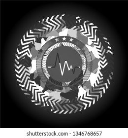 electrocardiogram icon inside grey camouflaged emblem