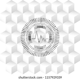 electrocardiogram icon inside grey icon or emblem with geometric cube white background