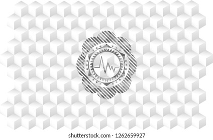 electrocardiogram icon inside grey emblem. Retro with geometric cube white background