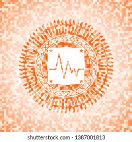 electrocardiogram icon inside orange tile background illustration. Square geometric mosaic seamless pattern with emblem inside.