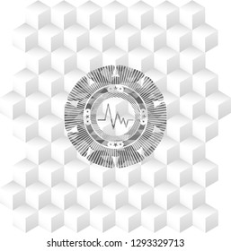 electrocardiogram icon inside realistic grey emblem with cube white background