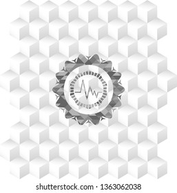 electrocardiogram icon inside realistic grey emblem with geometric cube white background