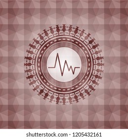electrocardiogram icon inside red seamless emblem with geometric pattern.