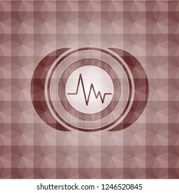electrocardiogram icon inside red seamless emblem or badge with geometric pattern background.