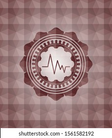 electrocardiogram icon inside red seamless geometric pattern emblem. Seamless.