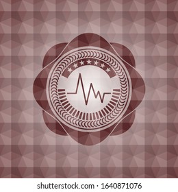 electrocardiogram icon inside red seamless badge with geometric pattern.