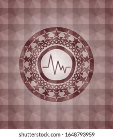 electrocardiogram icon inside red seamless emblem with geometric pattern background.