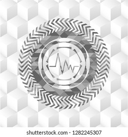 electrocardiogram icon inside retro style grey emblem with geometric cube white background